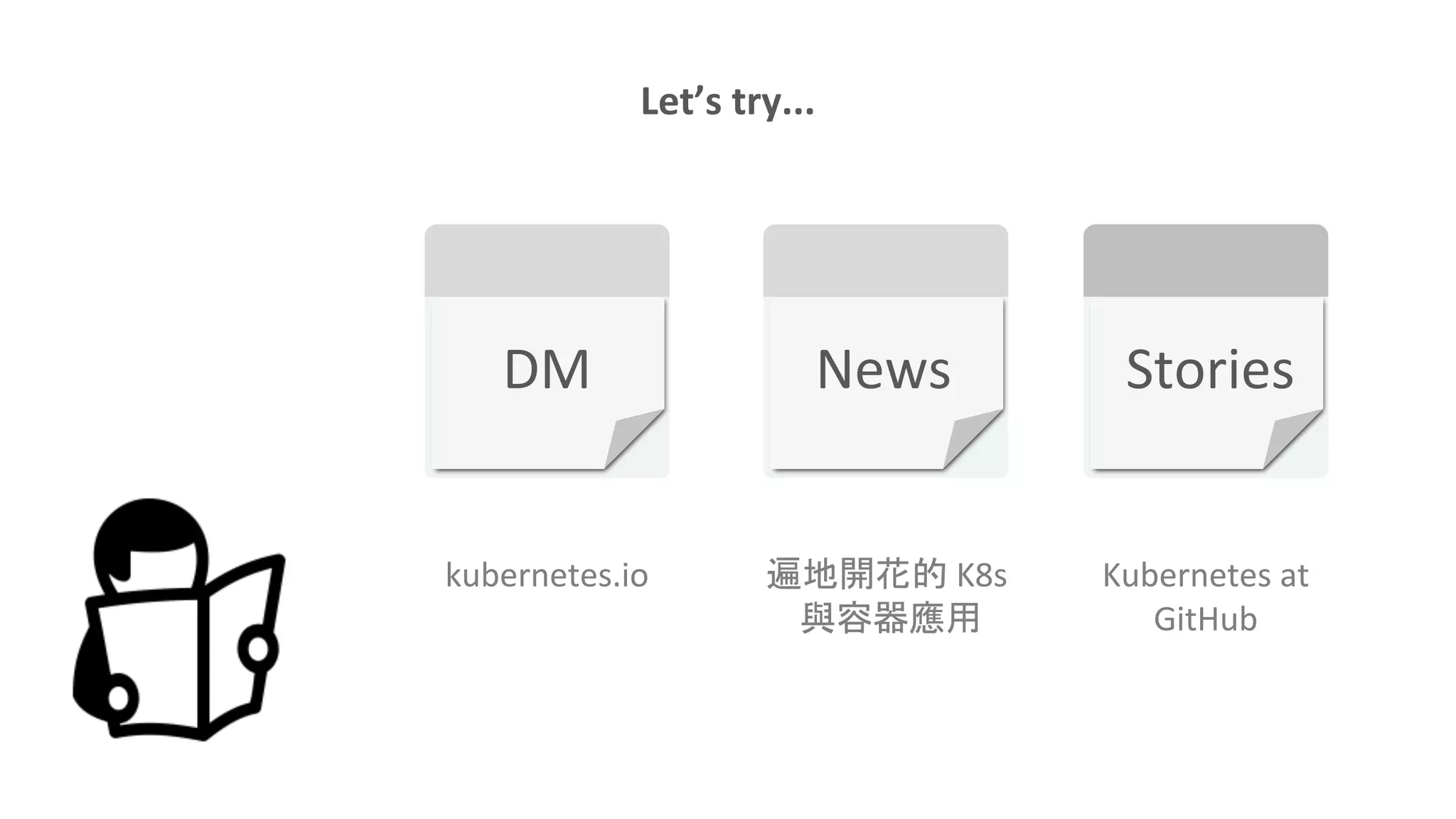 遍地開花的 K8s
與容器應用
Kubernetes at
GitHub
News Stories
Let’s try...
kubernetes.io
DM
 