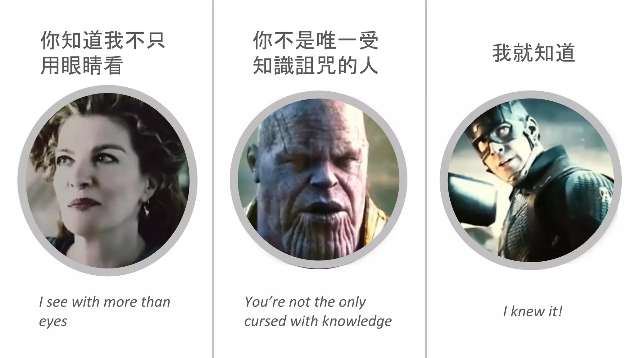 你知道我不只
用眼睛看
你不是唯一受
知識詛咒的人
我就知道
I see with more than
eyes
You’re not the only
cursed with knowledge
I knew it!
 