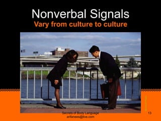 Nonverbal Signals
Vary from culture to culture




                                   Microsoft Photo
        Secrets of B...