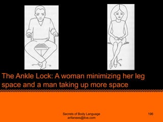 The Ankle Lock: A woman minimizing her leg
space and a man taking up more space


                 Secrets of Body Languag...