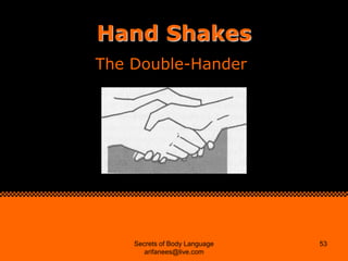 Hand Shakes
The Double-Hander




    Secrets of Body Language   53
       arifanees@live.com
 