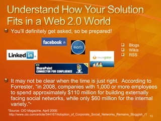 You’ll definitely get asked, so be prepared! It may not be clear when the time is just right.  According to Forrester, “in 2008, companies with 1,000 or more employees to spend approximately $110 million for building externally facing social networks, while only $60 million for the internal variety.” * Blogs Wikis RSS *Source: CIO Magazine, April 2008; http://www.cio.com/article/344167/Adoption_of_Corporate_Social_Networks_Remains_Sluggish_/1 