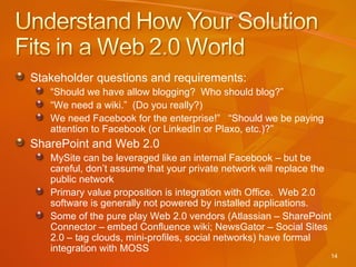 Stakeholder questions and requirements: “ Should we have allow blogging?  Who should blog?” “ We need a wiki.”  (Do you really?) We need Facebook for the enterprise!”  “Should we be paying attention to Facebook (or LinkedIn or Plaxo, etc.)?” SharePoint and Web 2.0 MySite can be leveraged like an internal Facebook – but be careful, don’t assume that your private network will replace the public network Primary value proposition is integration with Office.  Web 2.0 software is generally not powered by installed applications. Some of the pure play Web 2.0 vendors (Atlassian – SharePoint Connector – embed Confluence wiki; NewsGator – Social Sites 2.0 – tag clouds, mini-profiles, social networks) have formal integration with MOSS 