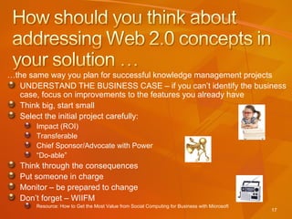 … the same way you plan for successful knowledge management projects UNDERSTAND THE BUSINESS CASE – if you can’t identify the business case, focus on improvements to the features you already have Think big, start small Select the initial project carefully: Impact (ROI) Transferable Chief Sponsor/Advocate with Power “ Do-able” Think through the consequences Put someone in charge Monitor – be prepared to change Don’t forget – WIIFM Resource: How to Get the Most Value from Social Computing for Business with Microsoft 