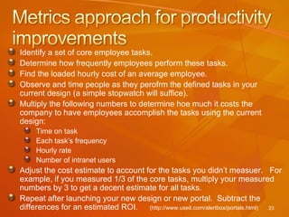 Identify a set of core employee tasks. Determine how frequently employees perform these tasks. Find the loaded hourly cost of an average employee. Observe and time people as they perofrm the defined tasks in your current design (a simple stopwatch will suffice). Multiply the following numbers to determine hoe much it costs the company to have employees accomplish the tasks using the current design: Time on task Each task’s frequency Hourly rate Number of intranet users Adjust the cost estimate to account for the tasks you didn’t measuer.  For example, if you measured 1/3 of the core tasks, multiply your measured numbers by 3 to get a decent estimate for all tasks. Repeat after launching your new design or new portal.  Subtract the differences for an estimated ROI. (http://www.useit.com/alertbox/portals.html) 