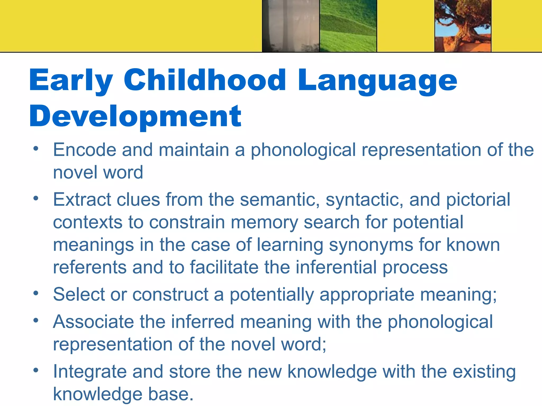 Early Childhood Language Development Encode and maintain a phonological representation of the novel word Extract clues from the semantic, syntactic, and pictorial contexts to constrain memory search for potential meanings in the case of learning synonyms for known referents and to facilitate the inferential process Select or construct a potentially appropriate meaning;  Associate the inferred meaning with the phonological representation of the novel word;  Integrate and store the new knowledge with the existing knowledge base. 
