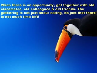 When there is an opportunity, get together with old classmates, old colleagues & old friends. The gathering is not just about eating, its just that there is not much time left! 
