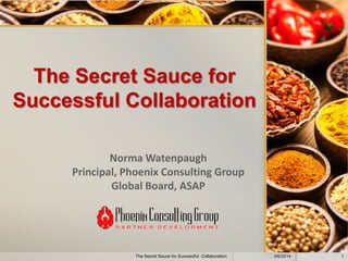 The Secret Sauce for
Successful Collaboration
Norma Watenpaugh
Principal, Phoenix Consulting Group
Global Board, ASAP

The Secret Sauce for Successful Collaboration

3/6/2014

1

 