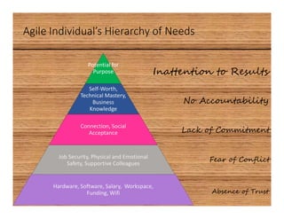 Agile Individual’s Hierarchy of Needs
Potential for
Purpose
Self-Worth,
Technical Mastery,
Business
Knowledge
Connection, ...