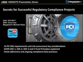 INSIGHTS Presentation Series
Secrets for Successful Regulatory Compliance Projects
12 PCI DSS requirements and risk assessment key considerations
AICPA SOC 1, SOC 2, SOC 3 and 5 Trust Principles explained
Initial adherence and ongoing compliance best practices
RDX: Chris Foot
MegaplanIT: Michael Vitolo
Date: 9/21/2017
Webinar
Video Inside
 