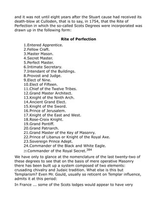 and it was not until eight years after the Stuart cause had received its
death-blow at Culloden, that is to say, in 1754, that the Rite of
Perfection in which the so-called Scots Degrees were incorporated was
drawn up in the following form:
Rite of Perfection
1.Entered Apprentice.
2.Fellow Craft.
3.Master Mason.
4.Secret Master.
5.Perfect Master.
6.Intimate Secretary.
7.Intendant of the Buildings.
8.Provost and Judge.
9.Elect of Nine.
10.Elect of Fifteen.
11.Chief of the Twelve Tribes.
12.Grand Master Architect.
13.Knight of the Ninth Arch.
14.Ancient Grand Elect.
15.Knight of the Sword.
16.Prince of Jerusalem.
17.Knight of the East and West.
18.Rose-Croix Knight.
19.Grand Pontiff.
20.Grand Patriarch.
21.Grand Master of the Key of Masonry.
22.Prince of Libanus or Knight of the Royal Axe.
23.Sovereign Prince Adept.
24.Commander of the Black and White Eagle.
25.Commander of the Royal Secret.384
We have only to glance at the nomenclature of the last twenty-two of
these degrees to see that on the basis of mere operative Masonry
there has been built up a system composed of two elements:
crusading chivalry and Judaic tradition. What else is this but
Templarism? Even Mr. Gould, usually so reticent on Templar influence,
admits it at this period:
In France ... some of the Scots lodges would appear to have very
 