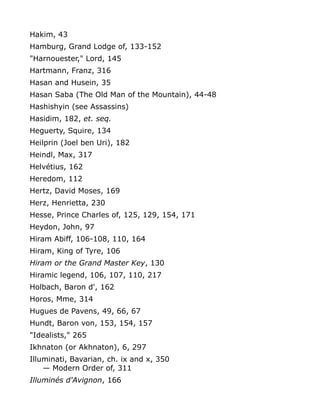 Hakim, 43
Hamburg, Grand Lodge of, 133-152
"Harnouester," Lord, 145
Hartmann, Franz, 316
Hasan and Husein, 35
Hasan Saba (The Old Man of the Mountain), 44-48
Hashishyin (see Assassins)
Hasidim, 182, et. seq.
Heguerty, Squire, 134
Heilprin (Joel ben Uri), 182
Heindl, Max, 317
Helvétius, 162
Heredom, 112
Hertz, David Moses, 169
Herz, Henrietta, 230
Hesse, Prince Charles of, 125, 129, 154, 171
Heydon, John, 97
Hiram Abiff, 106-108, 110, 164
Hiram, King of Tyre, 106
Hiram or the Grand Master Key, 130
Hiramic legend, 106, 107, 110, 217
Holbach, Baron d', 162
Horos, Mme, 314
Hugues de Pavens, 49, 66, 67
Hundt, Baron von, 153, 154, 157
"Idealists," 265
Ikhnaton (or Akhnaton), 6, 297
Illuminati, Bavarian, ch. ix and x, 350
— Modern Order of, 311
Illuminés d'Avignon, 166
 