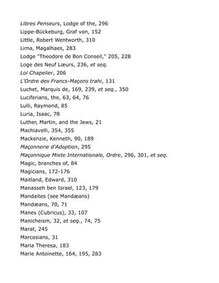 Libres Penseurs, Lodge of the, 296
Lippe-Bückeburg, Graf von, 152
Little, Robert Wentworth, 310
Lima, Magalhaes, 283
Lodge "Theodore de Bon Conseil," 205, 228
Loge des Neuf Lœurs, 236, et seq.
Loi Chapelier, 206
L'Ordre des Francs-Maçons trahi, 131
Luchet, Marquis de, 169, 239, et seq., 350
Luciferians, the, 63, 64, 76
Lulli, Raymond, 85
Luria, Isaac, 78
Luther, Martin, and the Jews, 21
Machiavelli, 354, 355
Mackenzie, Kenneth, 90, 189
Maçonnerie d'Adoption, 295
Maçonnique Mixte Internationale, Ordre, 296, 301, et seq.
Magic, branches of, 84
Magicians, 172-176
Maitland, Edward, 310
Manasseh ben Israel, 123, 179
Mandaites (see Mandæans)
Mandæans, 70, 71
Manes (Cubricus), 33, 107
Manicheism, 32, et seq., 74, 75
Marat, 245
Marcosians, 31
Maria Theresa, 183
Marie Antoinette, 164, 195, 283
 