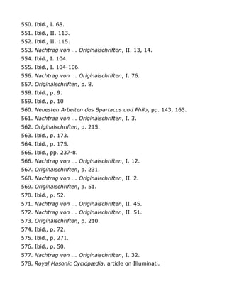 550. Ibid., I. 68.
551. Ibid., II. 113.
552. Ibid., II. 115.
553. Nachtrag von ... Originalschriften, II. 13, 14.
554. Ibid., I. 104.
555. Ibid., I. 104-106.
556. Nachtrag von ... Originalschriften, I. 76.
557. Originalschriften, p. 8.
558. Ibid., p. 9.
559. Ibid., p. 10
560. Neuesten Arbeiten des Spartacus und Philo, pp. 143, 163.
561. Nachtrag von ... Originalschriften, I. 3.
562. Originalschriften, p. 215.
563. Ibid., p. 173.
564. Ibid., p. 175.
565. Ibid., pp. 237-8.
566. Nachtrag von ... Originalschriften, I. 12.
567. Originalschriften, p. 231.
568. Nachtrag von ... Originalschriften, II. 2.
569. Originalschriften, p. 51.
570. Ibid., p. 52.
571. Nachtrag von ... Originalschriften, II. 45.
572. Nachtrag von ... Originalschriften, II. 51.
573. Originalschriften, p. 210.
574. Ibid., p. 72.
575. Ibid., p. 271.
576. Ibid., p. 50.
577. Nachtrag von ... Originalschriften, I. 32.
578. Royal Masonic Cyclopædia, article on Illuminati.
 