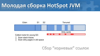Молодая сборка HotSpot JVM

            Eden            S1    S2       Tenured



                                          Dirty cards
    Collect roots for young GC
       Scan stack traces
       Scan dirty pages in old space



                                 Сбор “корневых” ссылок
 