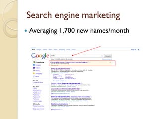 Search engine marketing
   Averaging 1,700 new names/month
 