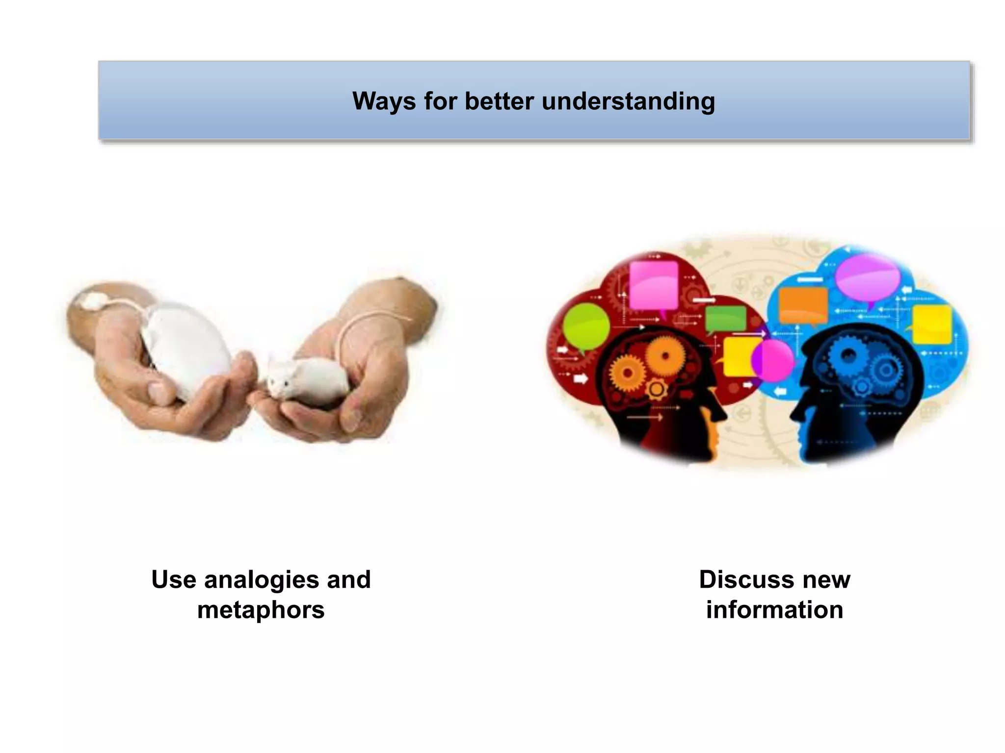 Ways for better understanding
Use analogies and
metaphors
Discuss new
information
 