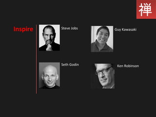 禅禅
Inspire Steve Jobs Guy Kawasaki
Seth Godin Ken Robinson
 