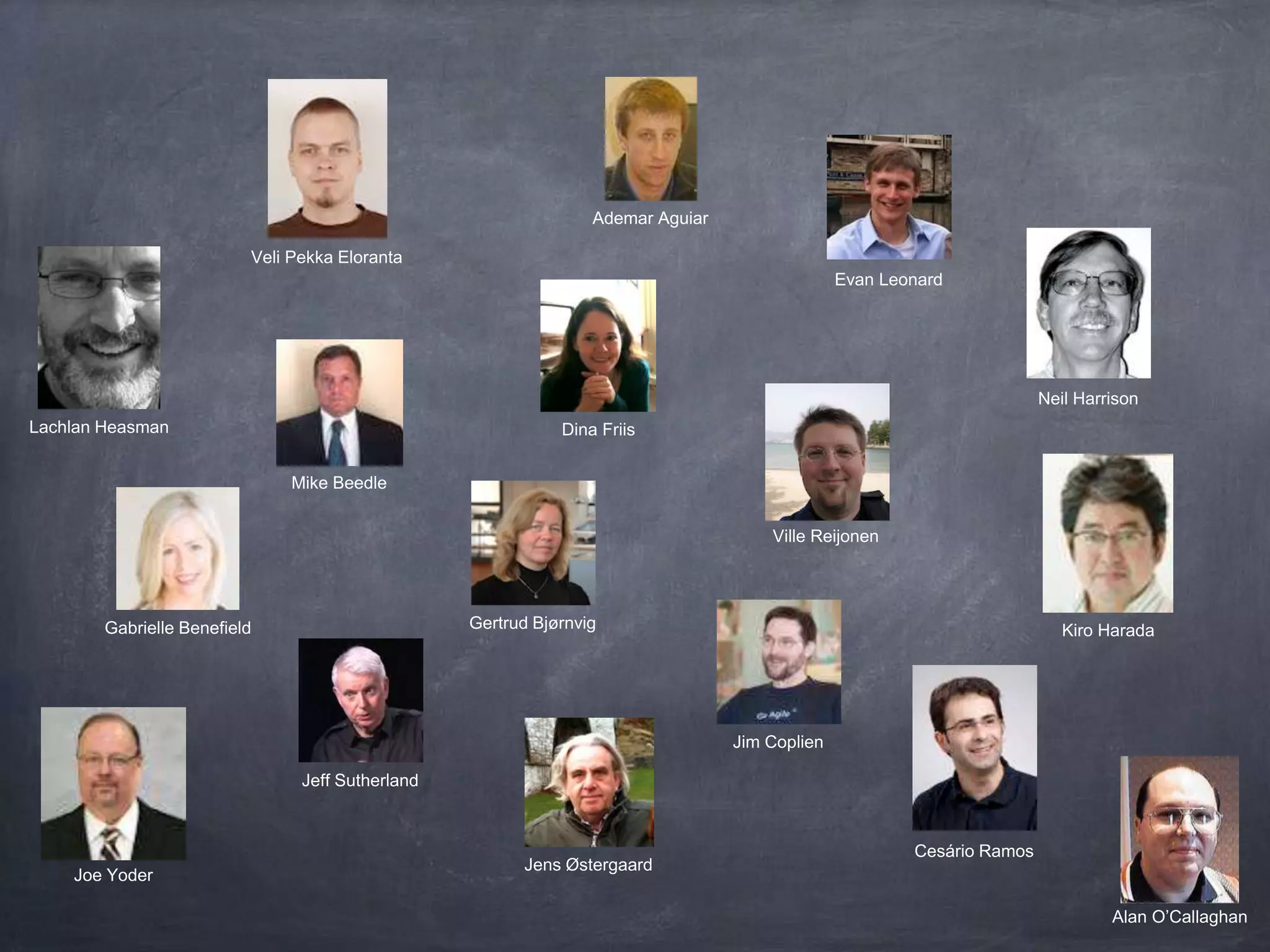 Ademar Aguiar 
Veli Pekka Eloranta 
Mike Beedle 
Dina Friis 
Gertrud Bjørnvig 
Jens Østergaard 
Evan Leonard 
Ville Reijonen 
Neil Harrison 
Kiro Harada 
Cesário Ramos 
Jim Coplien 
Jeff Sutherland 
Lachlan Heasman 
Gabrielle Benefield 
Alan O’Callaghan 
Joe Yoder 
 