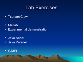 Lab Exercises TsunamiClaw Matlab  Experimental demonstration Java Serial Java Parallel C/MPI 