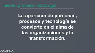 La aparición de personas,
procesos y tecnología se
convierte en el alma de
las organizaciones y la
transformación.
Gente, ...