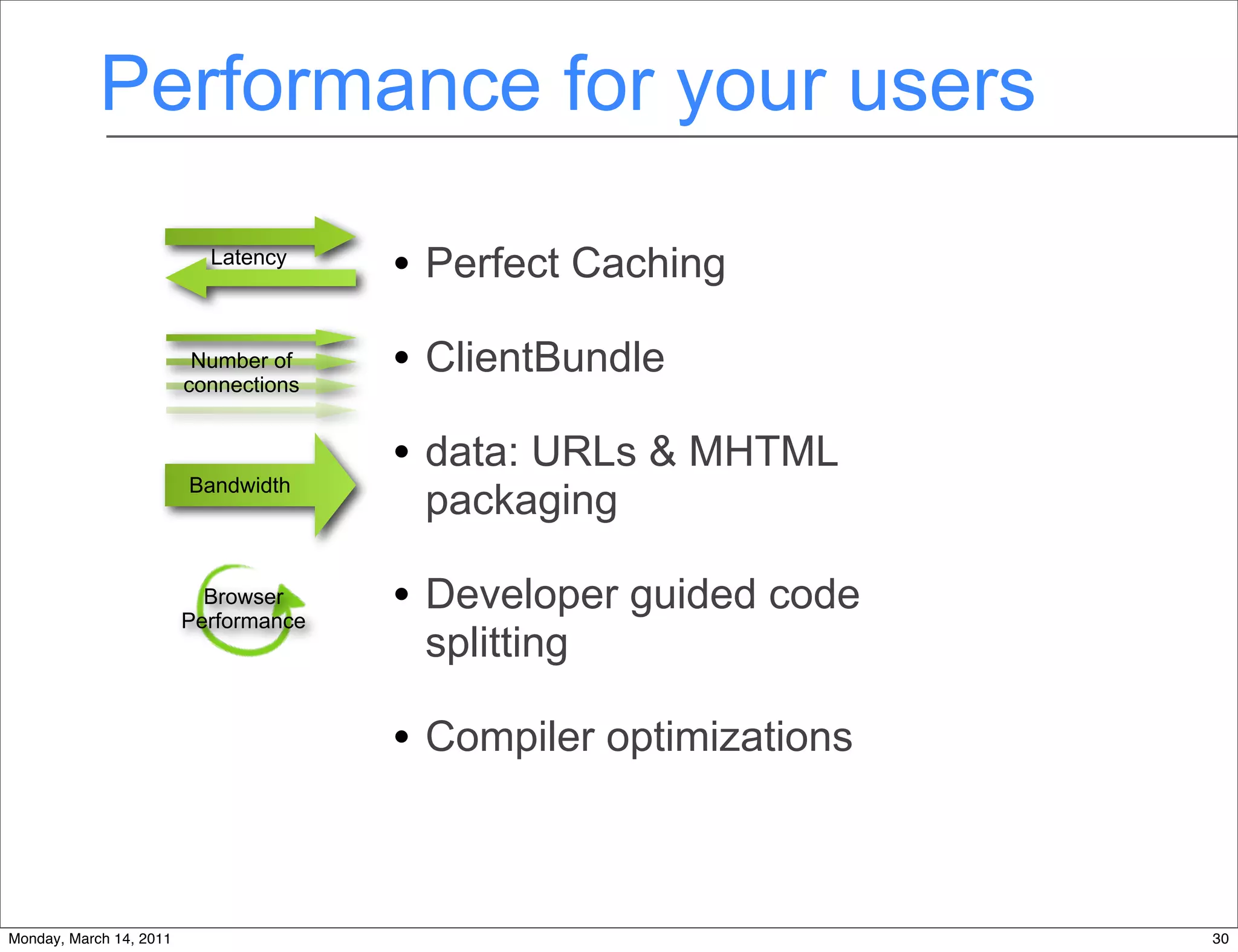 Performance for your users
                           Latency
                                       • Perfect Caching
                          Number of
                         connections
                                       • ClientBundle

                         Bandwidth
                                       • data: URLs & MHTML
                                        packaging

                           Browser
                         Performance
                                       • Developer guided code
                                        splitting

                                       • Compiler optimizations


                                                    30
Monday, March 14, 2011                                            30
 