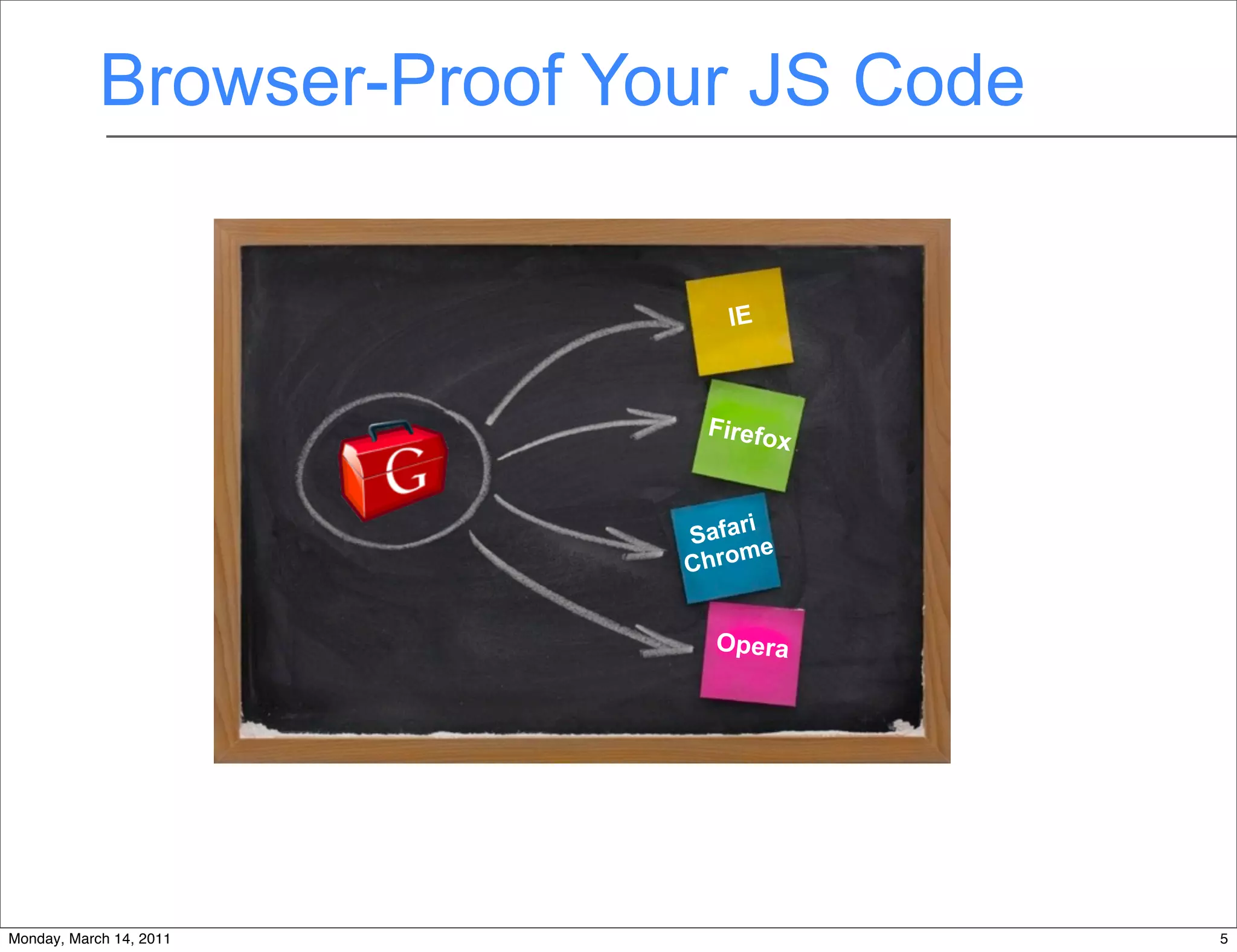 Browser-Proof Your JS Code


                                 IE



                               Firefo
                                     x


                                   i
                              Safar e
                                   m
                              Chro


                                Opera




                          5
Monday, March 14, 2011                   5
 