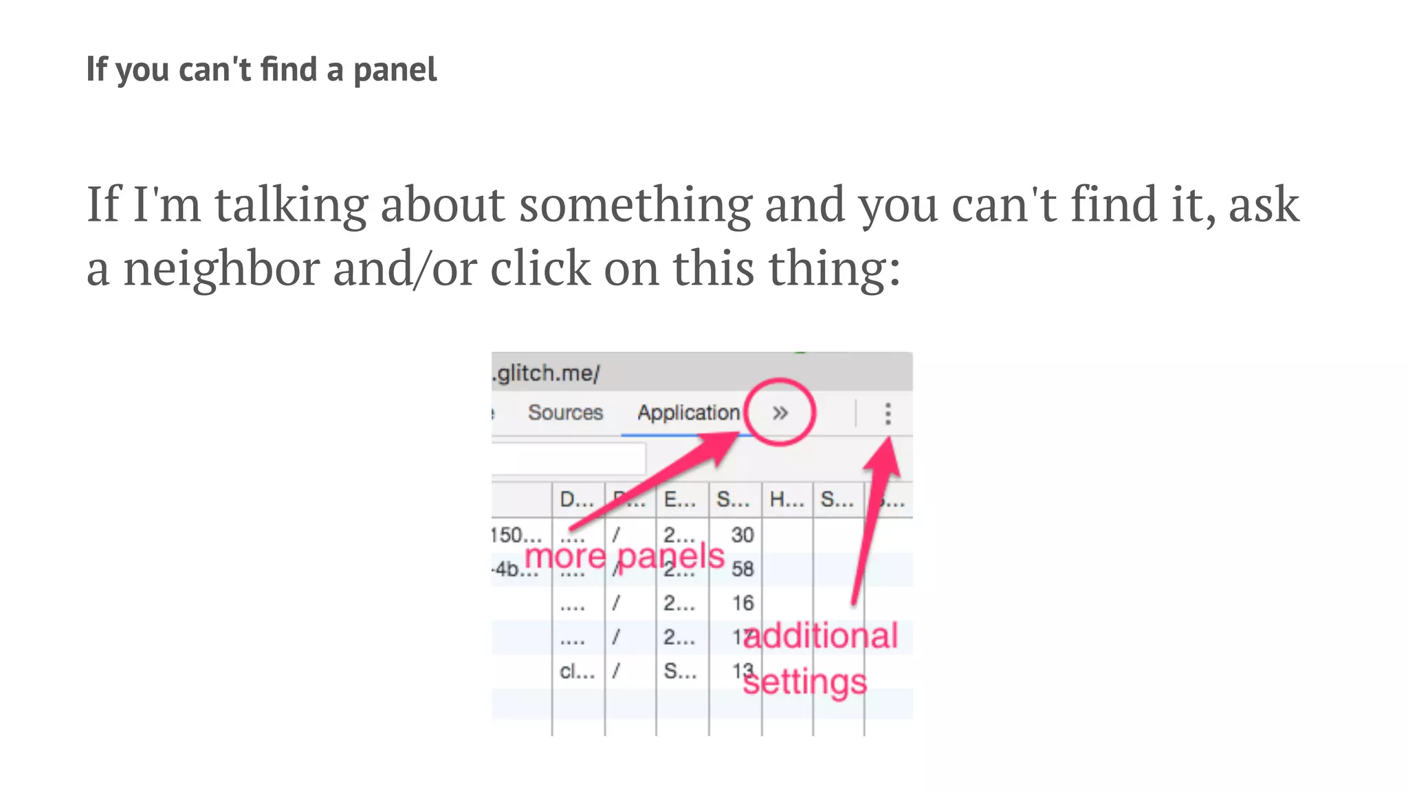 If you can't ﬁnd a panel
If I'm talking about something and you can't find it, ask
a neighbor and/or click on this thing:
 