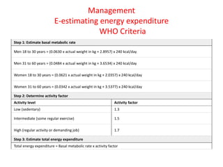Management
E-estimating energy expenditure
WHO Criteria
Step 1: Estimate basal metabolic rate
Men 18 to 30 years = (0.0630 x actual weight in kg + 2.8957) x 240 kcal/day
Men 31 to 60 years = (0.0484 x actual weight in kg + 3.6534) x 240 kcal/day
Women 18 to 30 years = (0.0621 x actual weight in kg + 2.0357) x 240 kcal/day
Women 31 to 60 years = (0.0342 x actual weight in kg + 3.5377) x 240 kcal/day
Step 2: Determine activity factor
Activity level Activity factor
Low (sedentary) 1.3
Intermediate (some regular exercise) 1.5
High (regular activity or demanding job) 1.7
Step 3: Estimate total energy expenditure
Total energy expenditure = Basal metabolic rate x activity factor
 