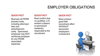 EMPLOYER OBLIGATIONS
 QUICK FACT
 Must pay all PERM
process costs,
including attorneys’
fees and
advertisement
costs. Sponsored
employee may NOT
reimburse employer
for any PERM
associated
expenses.
 QUICK FACT
 Must conduct
good faith
recruitment effort
WITHOUT
sponsored
employee’s
involvement.
QUICK FACT
Must confirm that
no qualified, U.S.
workers (citizens
or permanent
residents)
responded to the
recruitment.
 