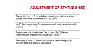ADJUSTMENT OF STATUS (I-485)
Present in the U. S. in valid non-immigrant status and no
status violations for more than 180 days
I-485 filed separately for employee and family member with
USCIS
Employment Authorization Document (EAD)/Travel
Authorization Document (Advanced Parole)
Processing time – 12 months or more, depending upon
priority date and USCIS case load
 