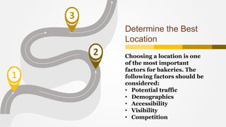 1
3
2
Determine the Best
Location
Choosing a location is one
of the most important
factors for bakeries. The
following factors should be
considered:
• Potential traffic
• Demographics
• Accessibility
• Visibility
• Competition
 