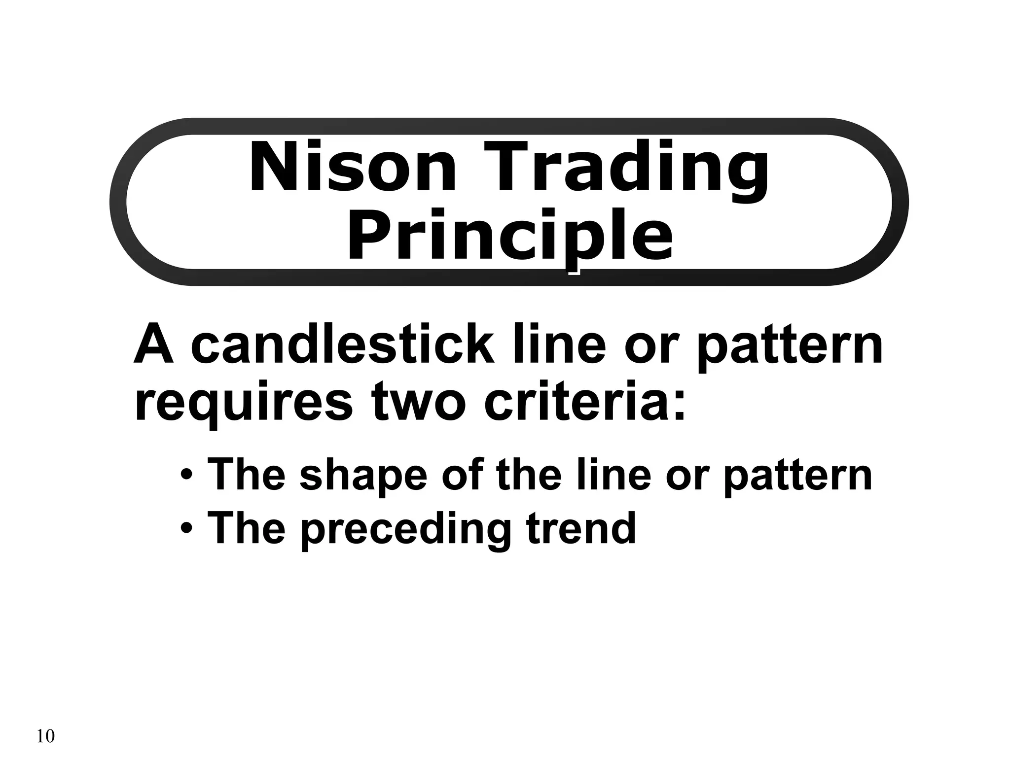 Nison Trading
Nison Trading
Principle
Principle
A candlestick line or pattern
A candlestick line or pattern
requires two criteria:
requires two criteria:
•
• The shape of the line or pattern
The shape of the line or pattern
•
• The preceding trend
The preceding trend
10
 