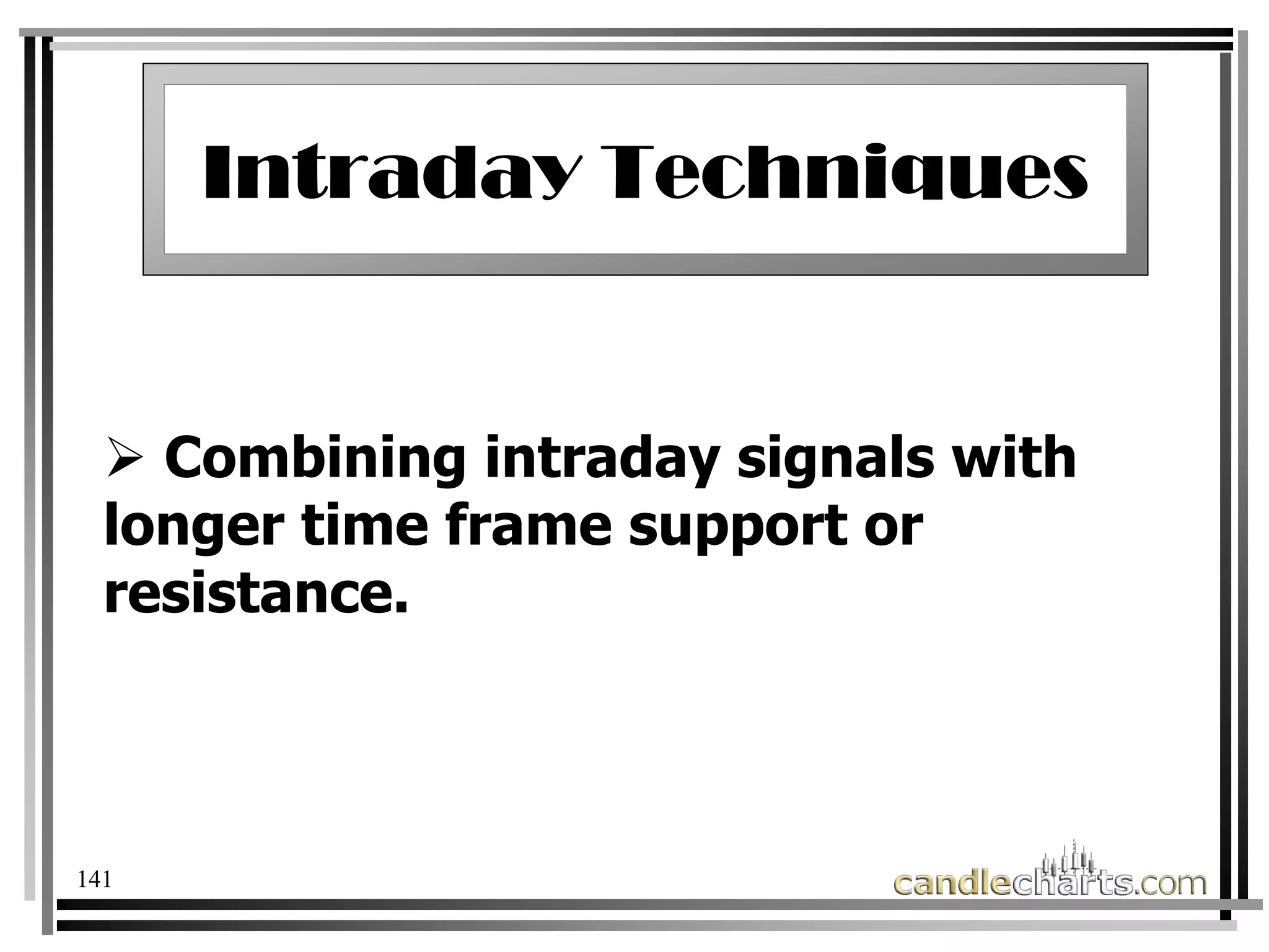141
Intraday Techniques
Intraday Techniques
Combining intraday signals with
longer time frame support or
resistance.
 