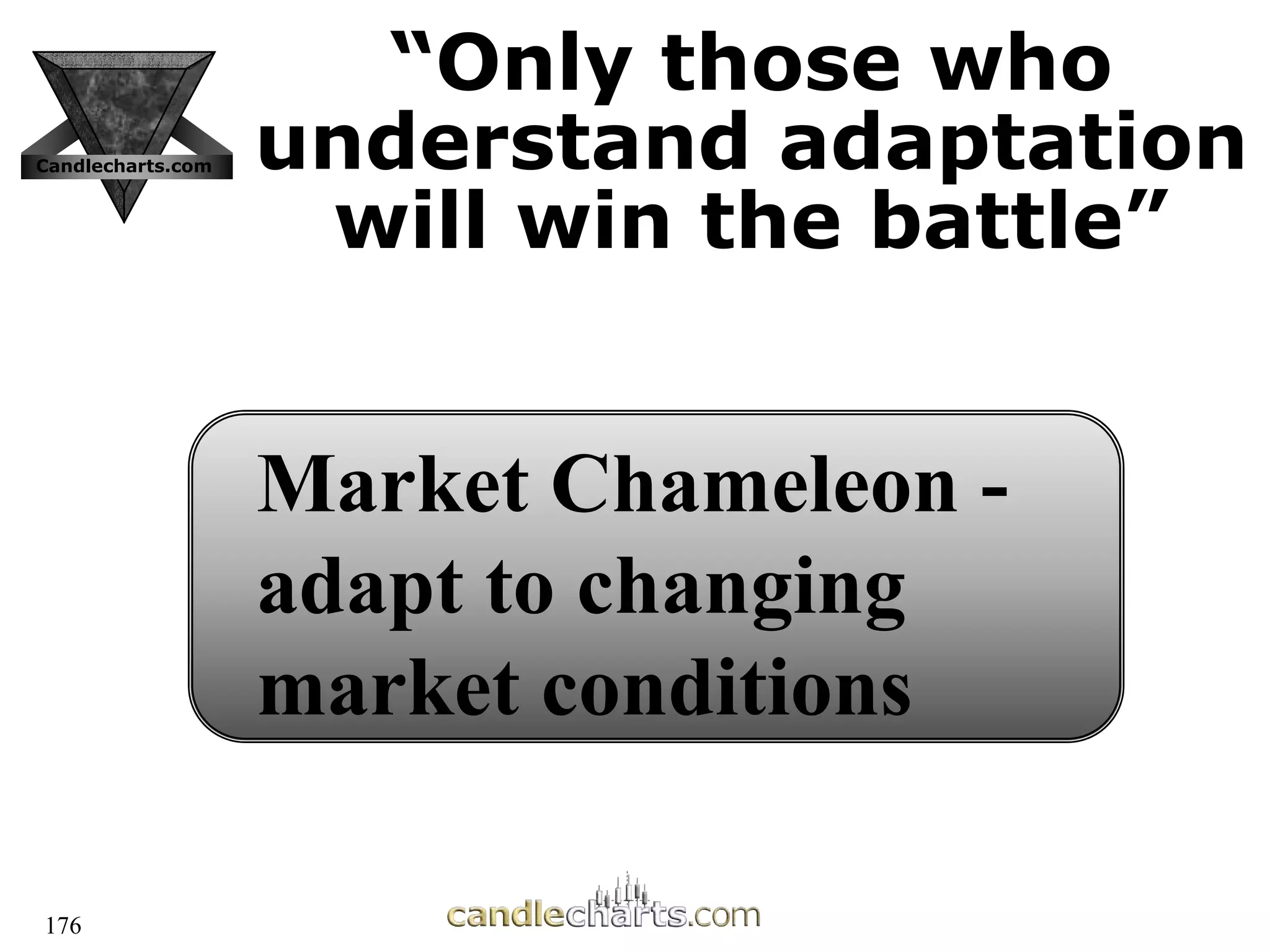 176
“
“Only those who
Only those who
understand adaptation
understand adaptation
will win the battle”
will win the battle”
Candlecharts.com
Market Chameleon -
adapt to changing
market conditions
 
