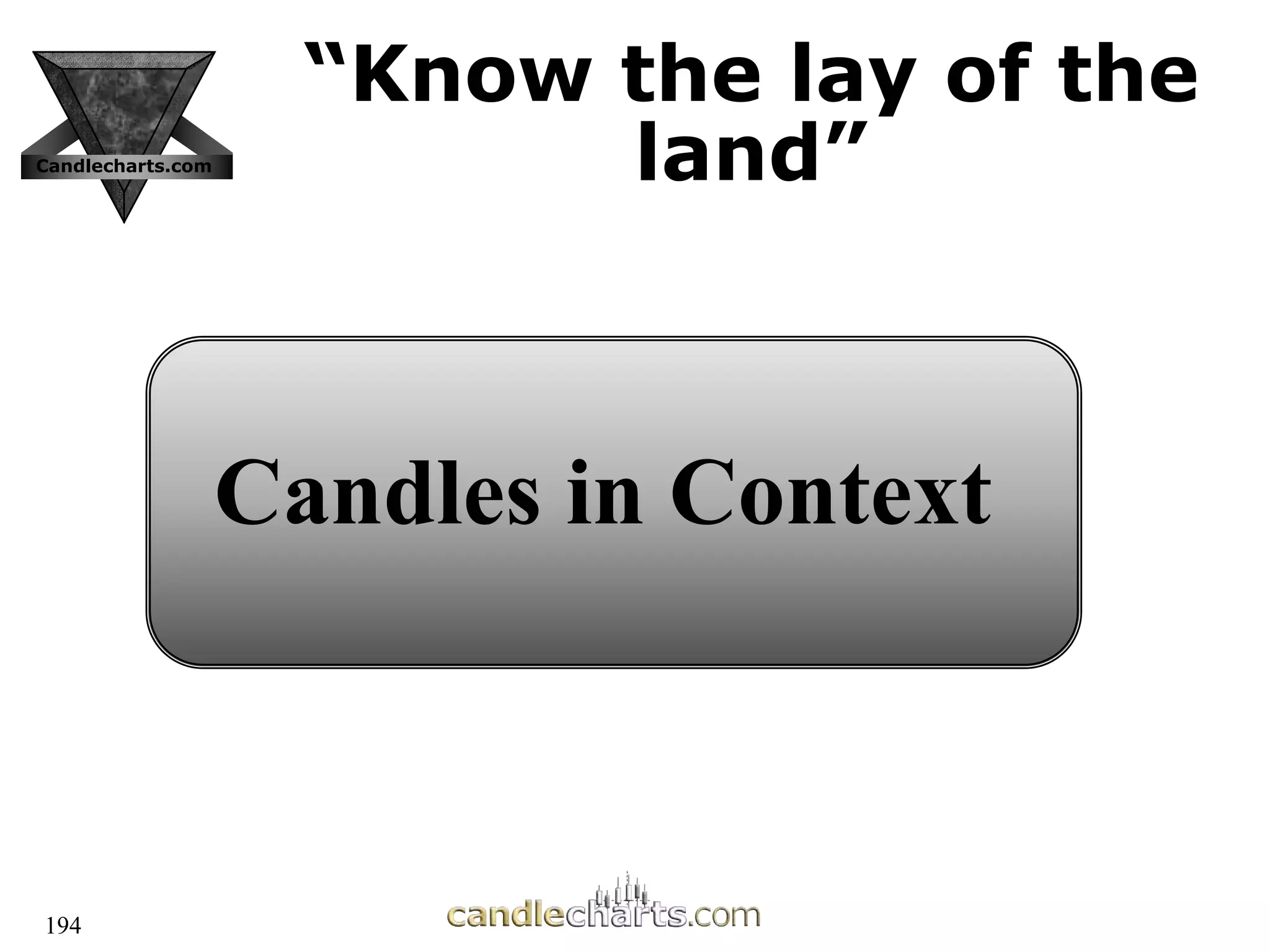 194
“
“Know the lay of the
Know the lay of the
land”
land”
Candlecharts.com
Candles in Context
 