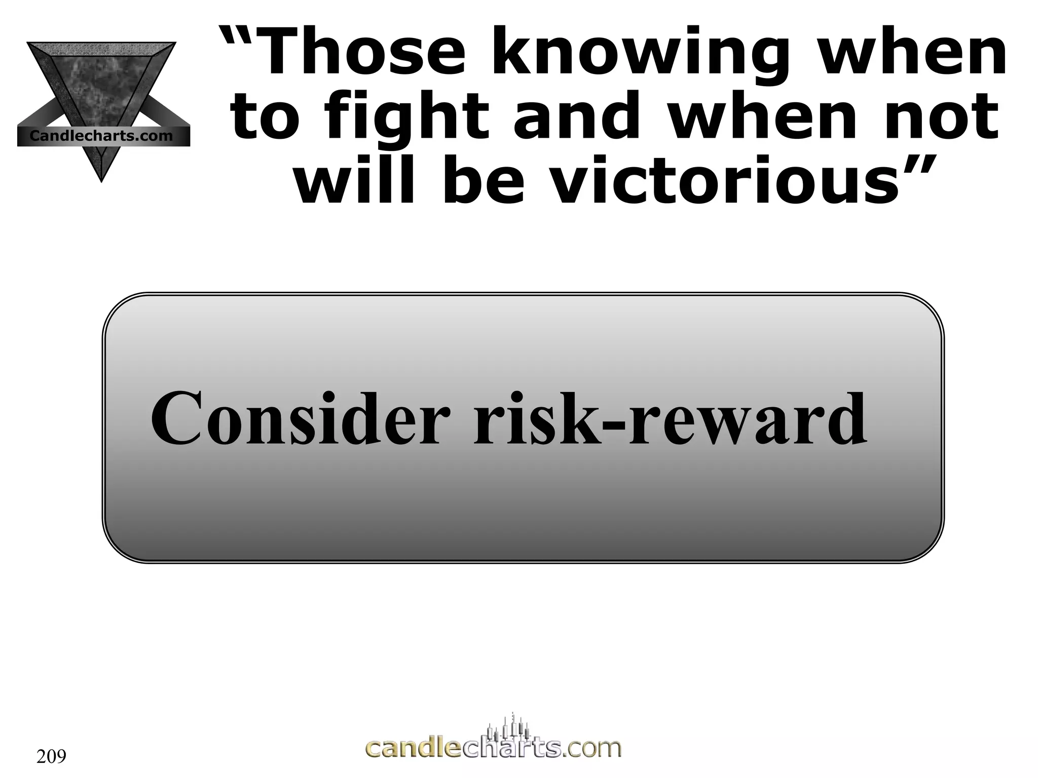 209
“
“Those knowing when
Those knowing when
to fight and when not
to fight and when not
will be victorious”
will be victorious”
Candlecharts.com
Consider risk-reward
 