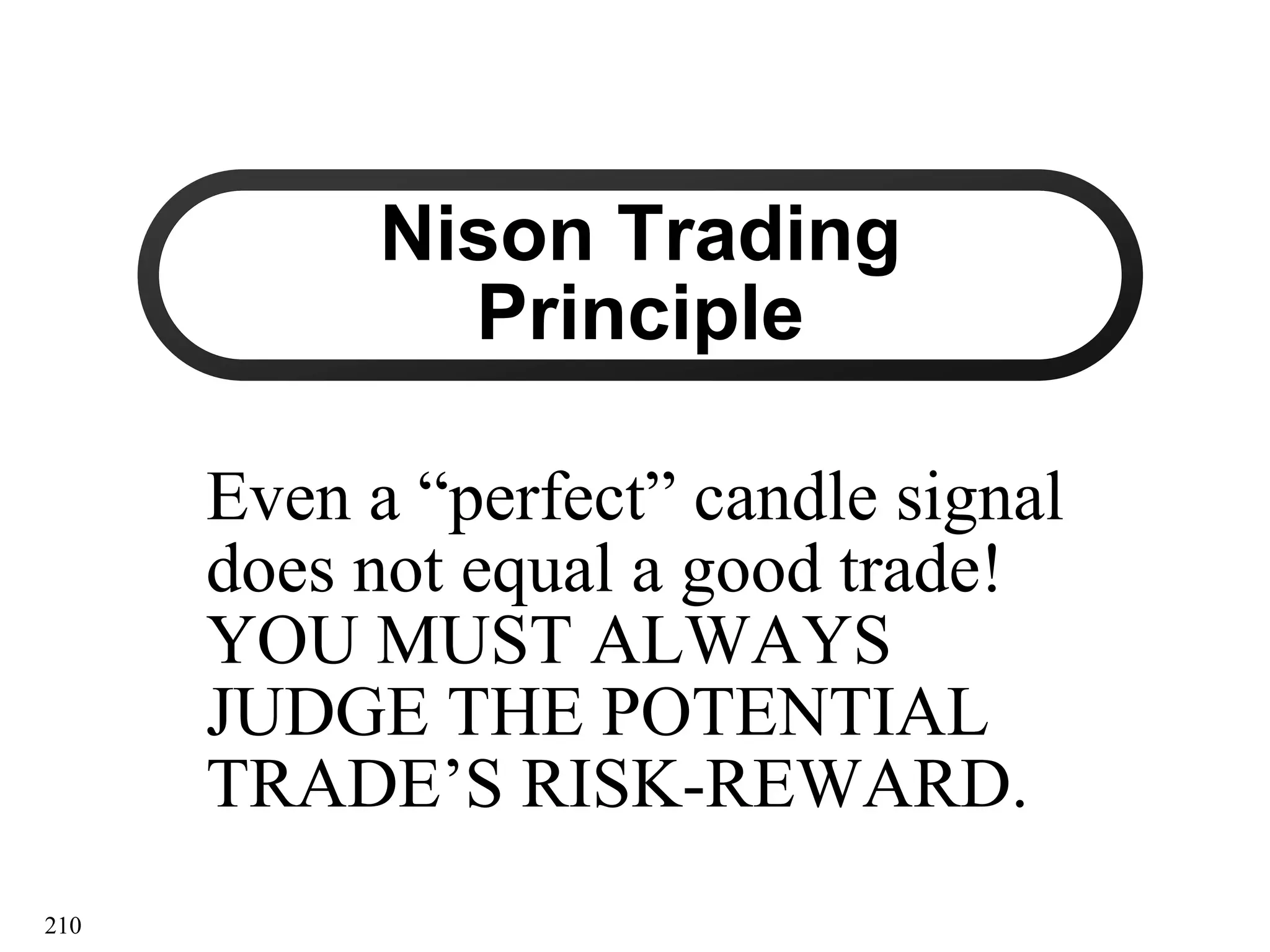 210
Nison Trading
Nison Trading
Principle
Principle
Even a “perfect” candle signal
Even a “perfect” candle signal
does not equal a good trade!
does not equal a good trade!
YOU MUST ALWAYS
YOU MUST ALWAYS
JUDGE THE POTENTIAL
JUDGE THE POTENTIAL
TRADE’S RISK
TRADE’S RISK-
-REWARD.
REWARD.
 