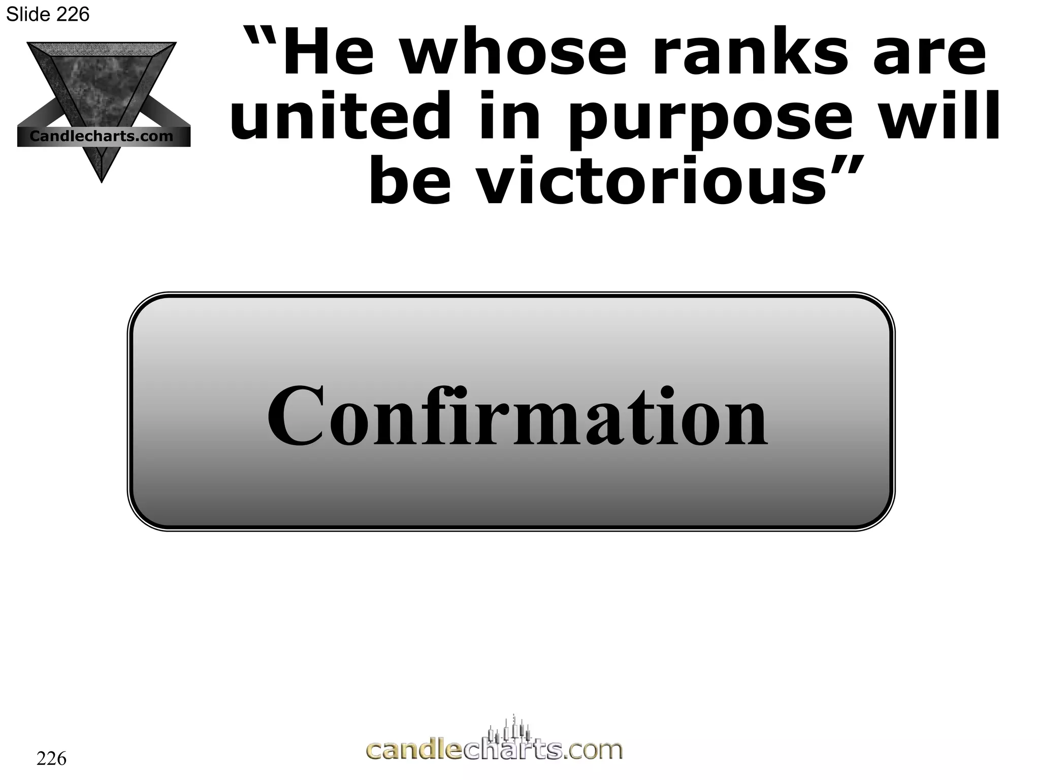 Slide 226
226
Candlecharts.com
Confirmation
“
“He whose ranks are
He whose ranks are
united in purpose will
united in purpose will
be victorious”
be victorious”
 