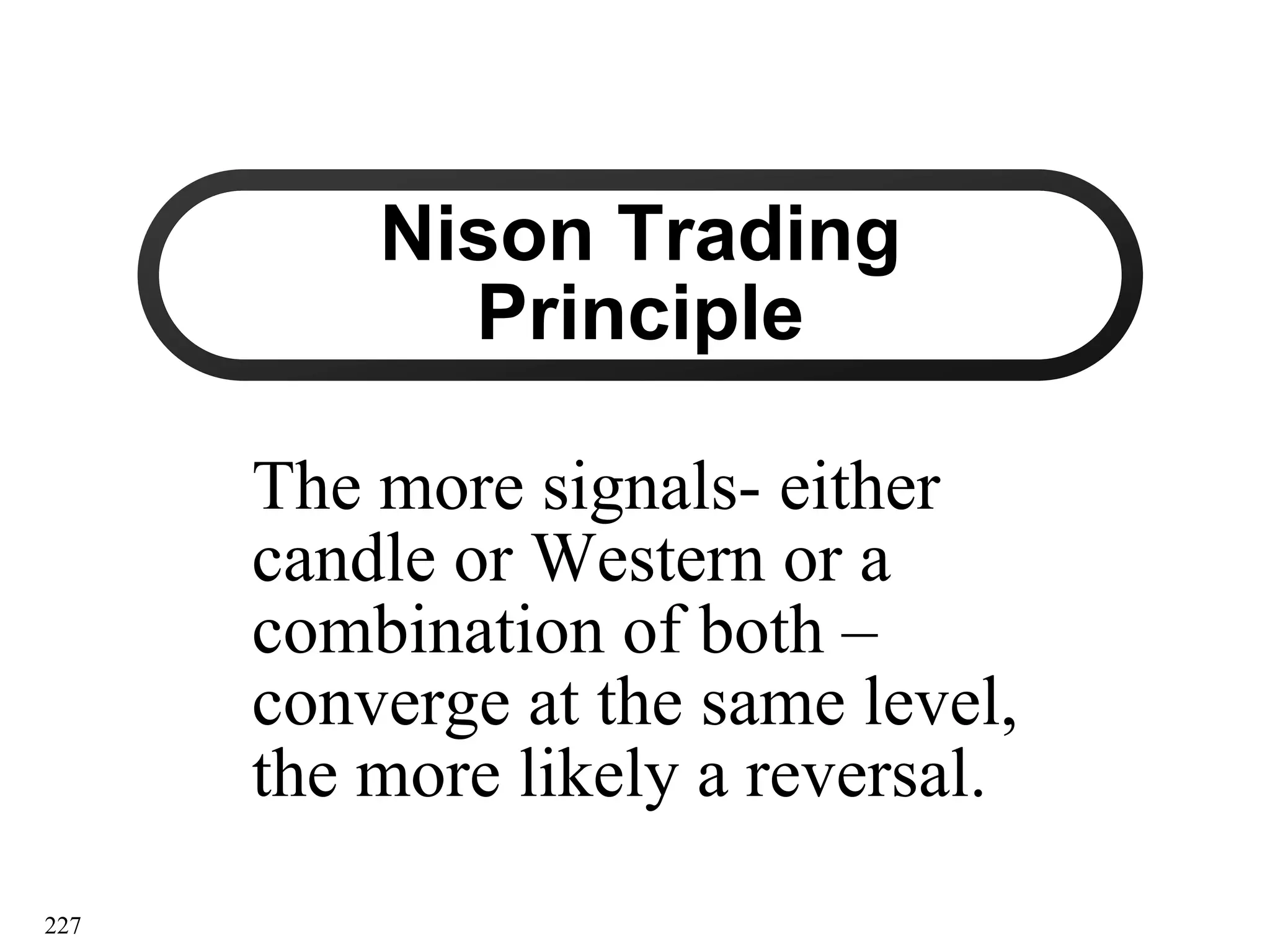 227
Nison Trading
Nison Trading
Principle
Principle
The more signals
The more signals-
- either
either
candle or Western or a
candle or Western or a
combination of both
combination of both –
–
converge at the same level,
converge at the same level,
the more likely a reversal.
the more likely a reversal.
 