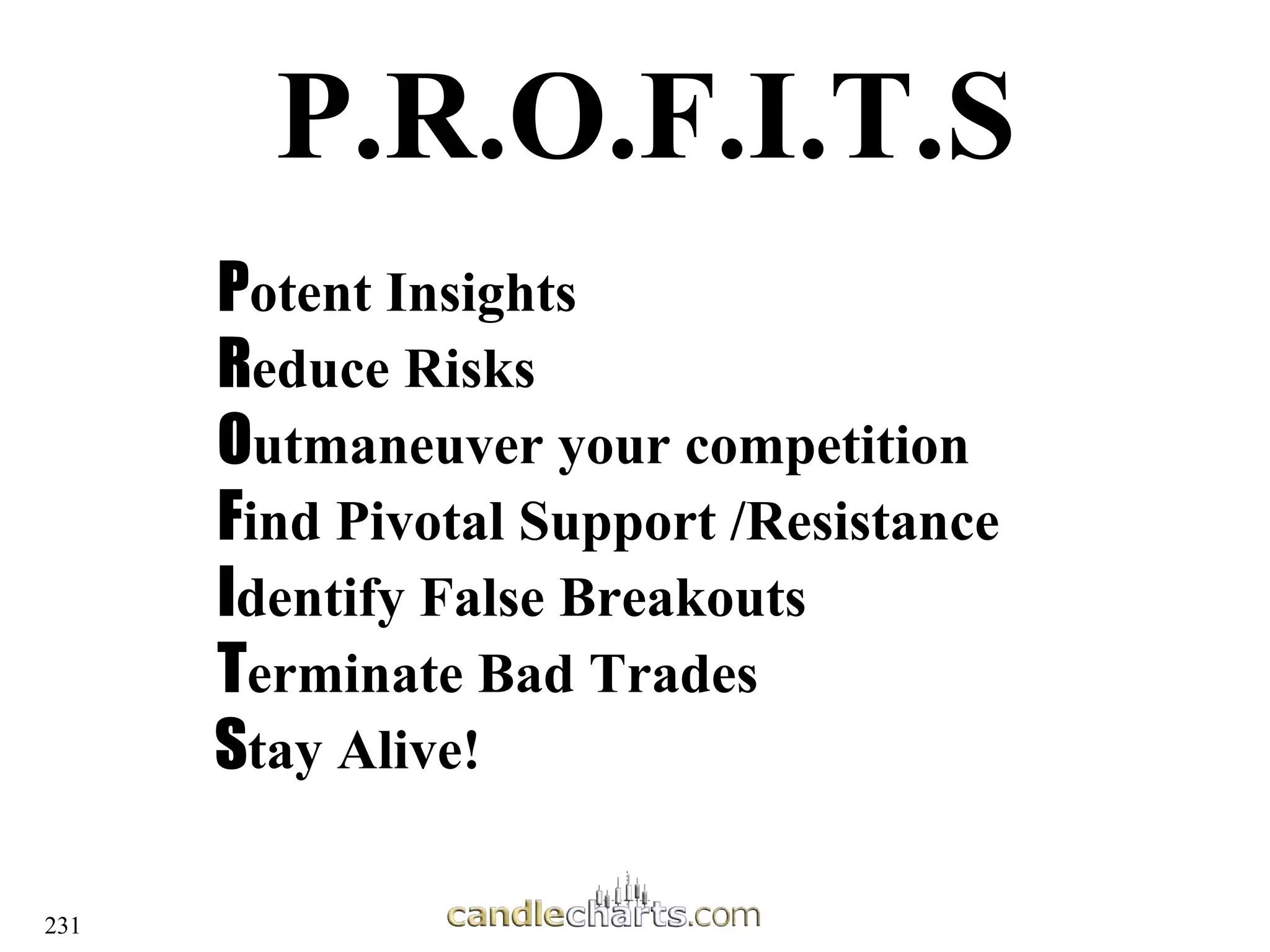231
P.R.O.F.I.T.S
P
Potent Insights
otent Insights
R
Reduce Risks
educe Risks
O
Outmaneuver your competition
utmaneuver your competition
F
Find Pivotal Support /Resistance
ind Pivotal Support /Resistance
I
Identify False Breakouts
dentify False Breakouts
T
Terminate Bad Trades
erminate Bad Trades
S
Stay Alive!
tay Alive!
 