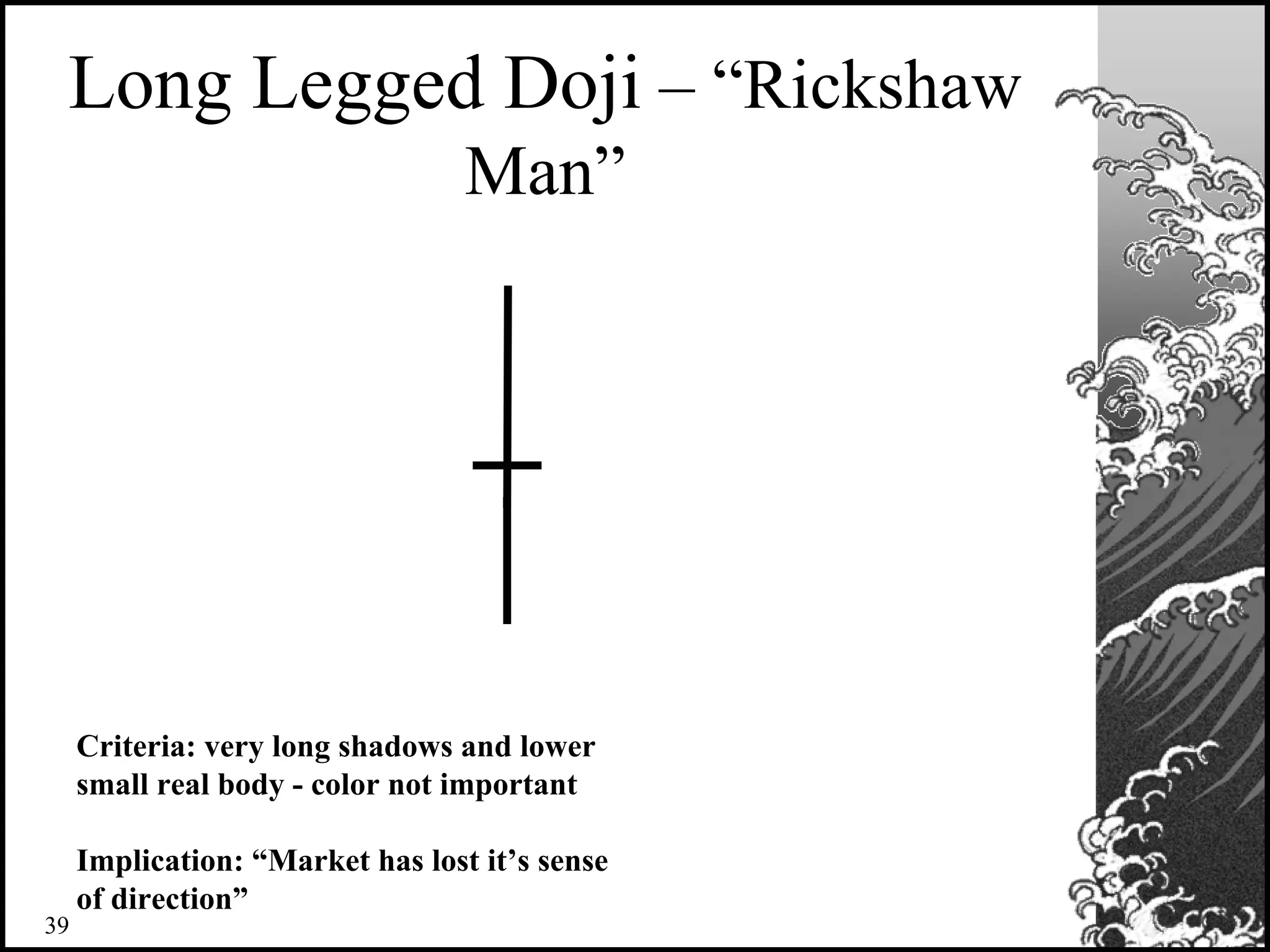 Criteria: very long shadows and lower
small real body - color not important
Implication: “Market has lost it’s sense
of direction”
Long Legged Doji – “Rickshaw
Man”
39
 