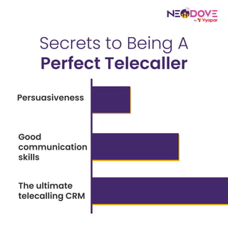 Secrets to Being A
Perfect Telecaller
Persuasiveness
Good
communication
skills
The ultimate
telecalling CRM
 