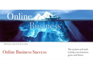 Online Business Success
Marketing is only the tip of the iceberg
Online
Business
The system and tools
to help your business
grow and thrive
 