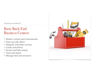 The jobs you need tools for
Basic Back-End  
Business Centers
❖ Market, connect and communicate
❖ Team up with others
❖ Integrate with other services
❖ Create and deliver
❖ Invoice and take money
❖ Track and report
❖ Manage time and resources
 
