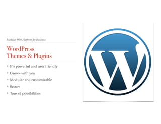 Modular Web Platform for Business
WordPress  
Themes & Plugins
❖ It’s powerful and user friendly
❖ Grows with you
❖ Modular and customizable
❖ Secure
❖ Tons of possibilities
 
