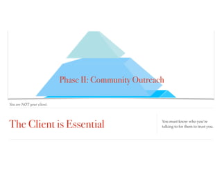 The Client is Essential
You are NOT your client.
You must know who you’re
talking to for them to trust you.
Phase II: Community Outreach
 