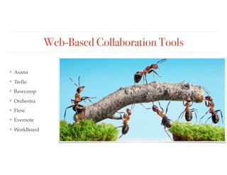 Web-Based Collaboration Tools
❖ Asana
❖ Trello
❖ Basecamp
❖ Orchestra
❖ Flow
❖ Evernote
❖ WorkBoard
 
