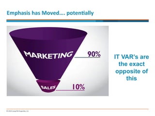 Emphasis 
has 
Moved…. 
potenMally 
90% 
MARKETING 
10% SELLING 
IT VAR’s are 
the exact 
opposite of 
this 
 