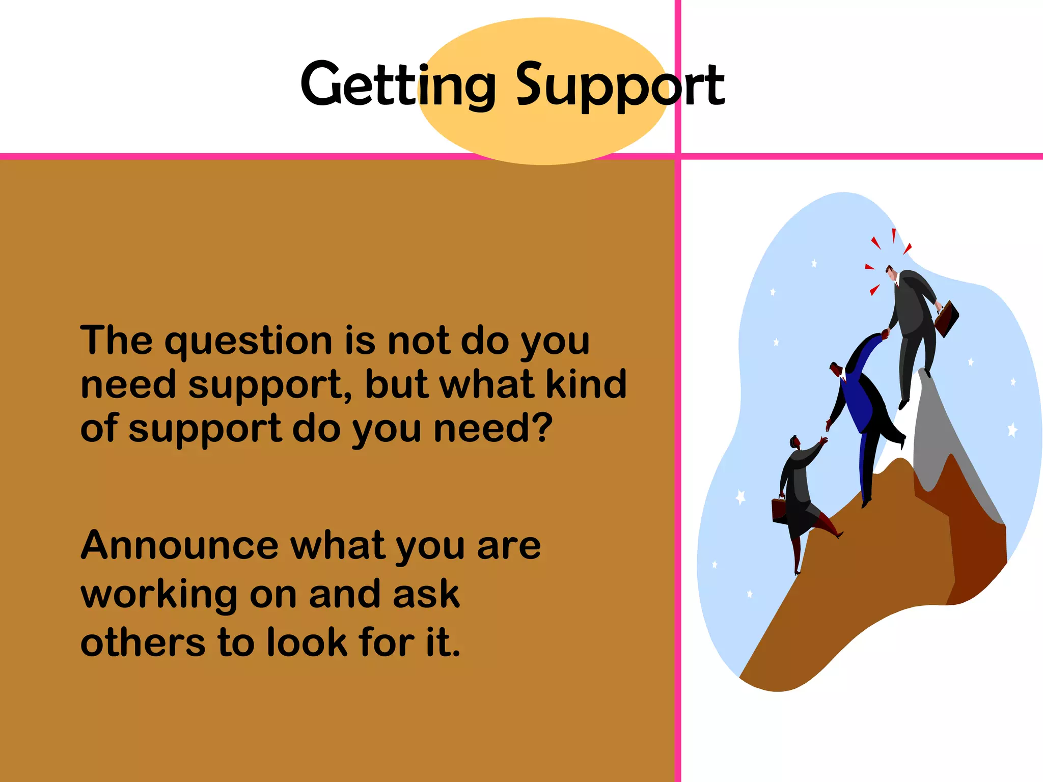 Getting Support The question is not do you need support, but what kind of support do you need? Announce what you are working on and ask others to look for it. 
